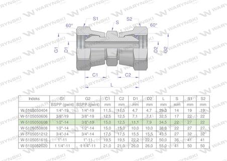 Złączka hydrauliczna redukcyjna calowa AA 3/8" x 1/2" BSP Waryński ( sprzedawane po 2 )-60344