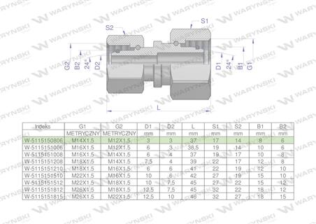 Złączka hydrauliczna metryczna AA M14x1.5 08L x M12x1.5 06L Waryński ( sprzedawane po 2 )-65004
