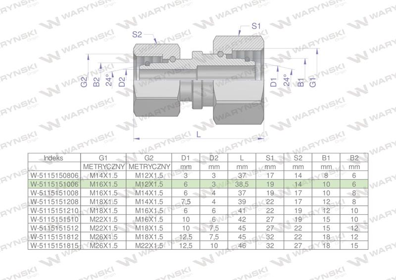 Złączka hydrauliczna metryczna AA M16x1.5 10L x M12x1.5 06L Waryński ( sprzedawane po 2 )-65002