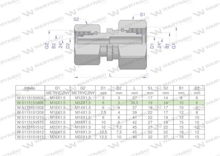 Złączka hydrauliczna metryczna AA M16x1.5 10L x M12x1.5 06L Waryński ( sprzedawane po 2 )-65002