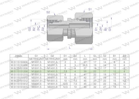 Złączka hydrauliczna metryczna AA M18x1.5 12L x M14x1.5 08L Waryński ( sprzedawane po 2 )-64998