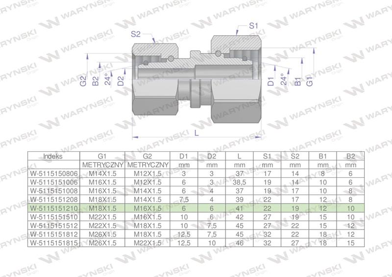 Złączka hydrauliczna metryczna AA M18x1.5 12L x M16x1.5 10L Waryński ( sprzedawane po 5 )-64996