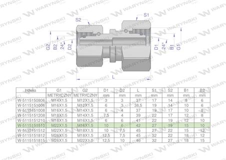 Złączka hydrauliczna metryczna AA M22x1.5 15L x M16x1.5 10L Waryński ( sprzedawane po 5 )-64994