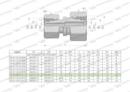 Złączka hydrauliczna metryczna AA M22x1.5 15L x M18x1.5 12L Waryński ( sprzedawane po 5 )-64992