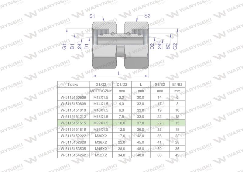 Złączka hydrauliczna metryczna AA M22x1.5 15L Waryński ( sprzedawane po 5 )-60427
