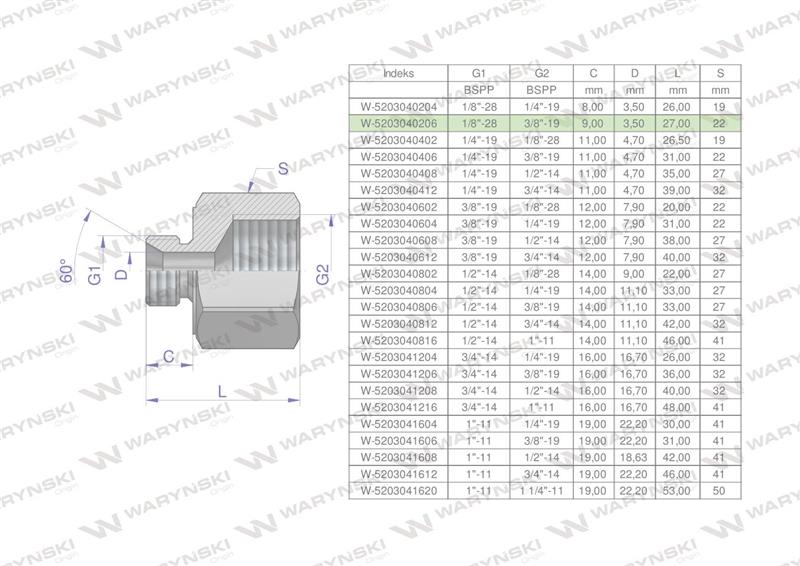 Tulejka różnicowa hydrauliczna calowa AB 1/8"GZ x 3/8"GW BSP Waryński ( sprzedawane po 2 )-60830