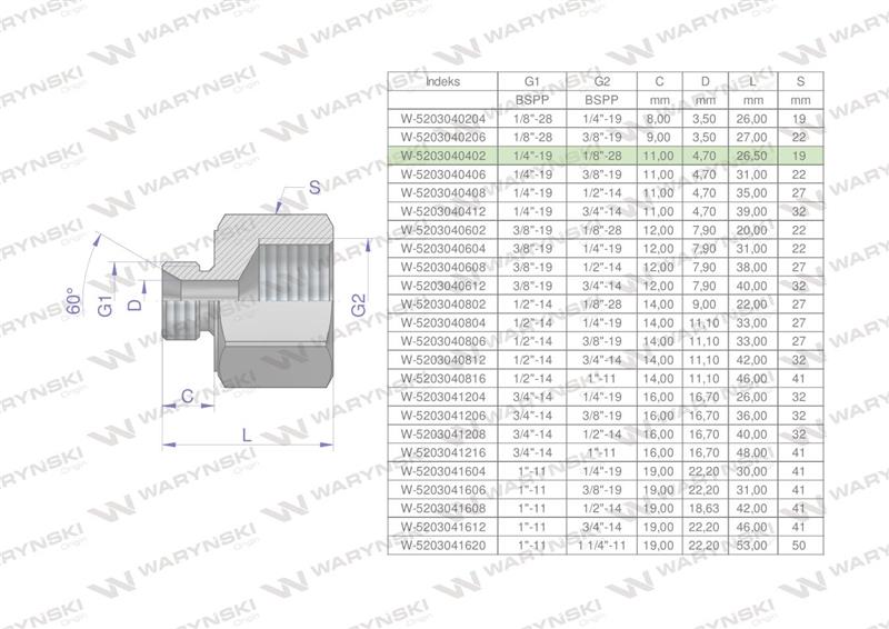 Tulejka różnicowa hydrauliczna calowa AB 1/4"GZ x 1/8"GW BSP Waryński ( sprzedawane po 2 )-60836