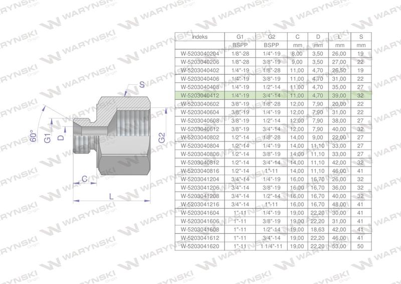 Tulejka różnicowa hydrauliczna calowa AB 1/4"GZ x 3/4"GW BSP Waryński ( sprzedawane po 2 )-60854