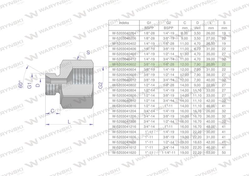 Tulejka różnicowa hydrauliczna calowa AB 3/8"GZ x 1/8"GW BSP Waryński ( sprzedawane po 2 )-60860