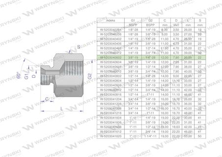 Tulejka różnicowa hydrauliczna calowa AB 3/8"GZ x 1/8"GW BSP Waryński ( sprzedawane po 2 )-60860