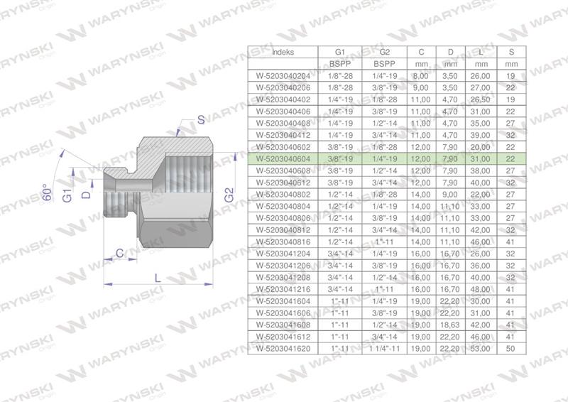 Tulejka różnicowa hydrauliczna calowa AB 3/8"GZ x 1/4"GW BSP Waryński ( sprzedawane po 2 )-60866
