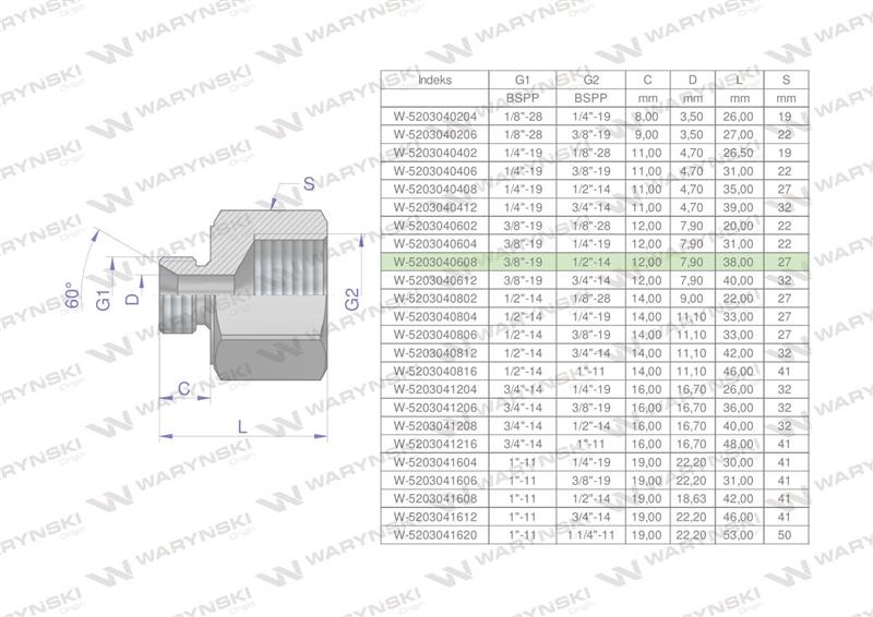 Tulejka różnicowa hydrauliczna calowa AB 3/8"GZ x 1/2"GW BSP Waryński ( sprzedawane po 2 )-60872