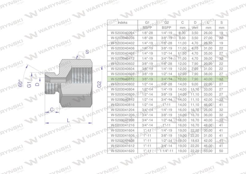 Tulejka różnicowa hydrauliczna calowa AB 3/8"GZ x 3/4"GW BSP Waryński ( sprzedawane po 2 )-60878