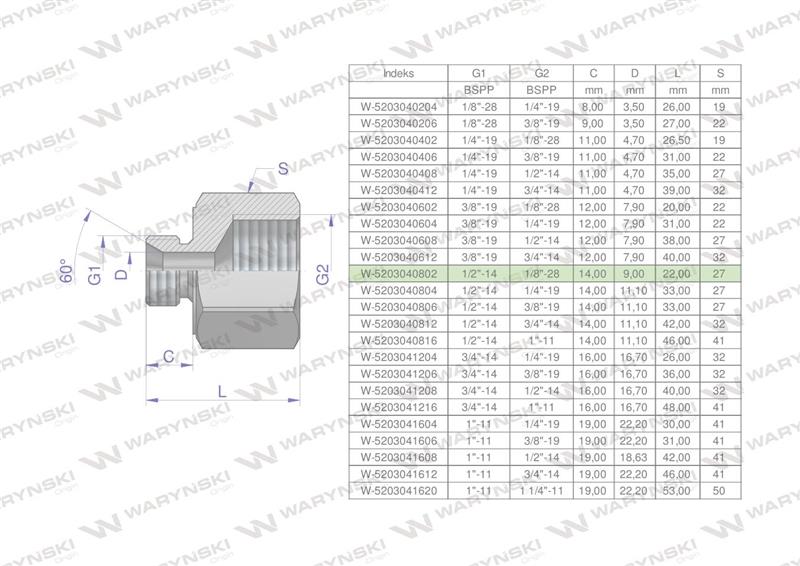 Tulejka różnicowa hydrauliczna calowa AB 1/2"GZ x 1/8"GW BSP Waryński ( sprzedawane po 2 )-60884
