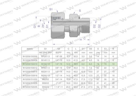 Przyłączka hydrauliczna AB (EVGE) M16x1.5 10L x 1/4" BSP ED Waryński ( sprzedawane po 2 )-60539