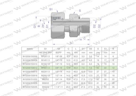 Przyłączka hydrauliczna AB (EVGE) M18x1.5 12L x 3/8" BSP ED Waryński ( sprzedawane po 2 )-60545