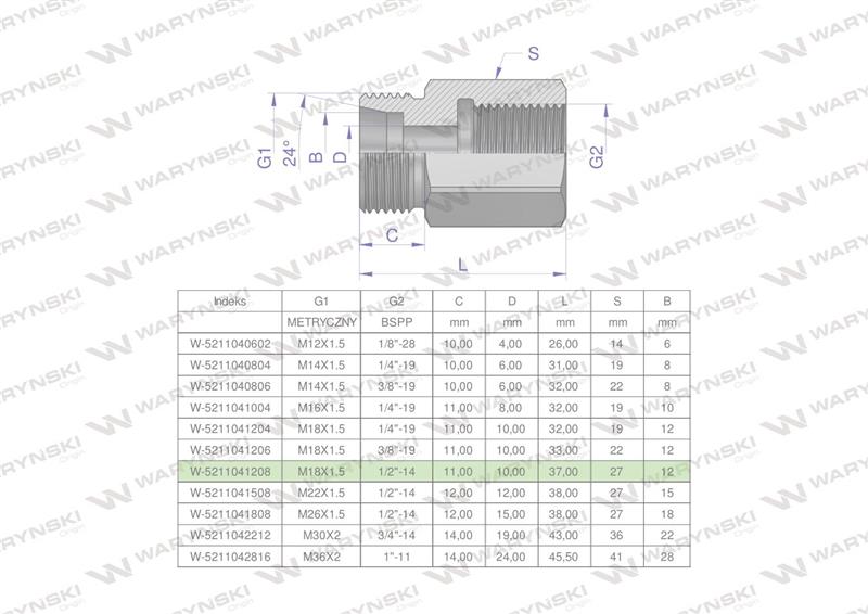 Tulejka różnicowa hydrauliczna AB M18x1.5 12L GZ x 1/2" BSP Waryński ( sprzedawane po 2 )-61036