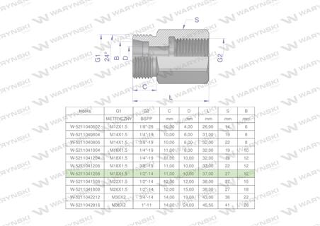Tulejka różnicowa hydrauliczna AB M18x1.5 12L GZ x 1/2" BSP Waryński ( sprzedawane po 2 )-61036