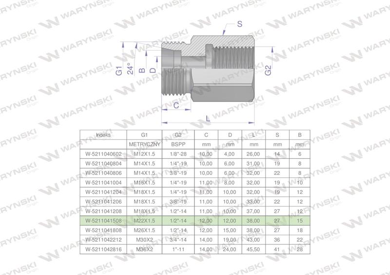 Tulejka różnicowa hydrauliczna AB M22x1.5 15L GZ x 1/2" BSP Waryński ( sprzedawane po 2 )-61042
