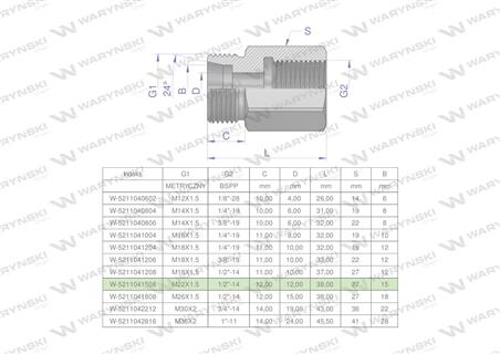Tulejka różnicowa hydrauliczna AB M22x1.5 15L GZ x 1/2" BSP Waryński ( sprzedawane po 2 )-61042