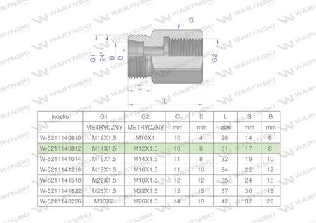 Tulejka różnicowa hydrauliczna metryczna AB M14x1.5 08L GZ x M12x1.5 GW Waryński ( sprzedawane po 2 )-60972