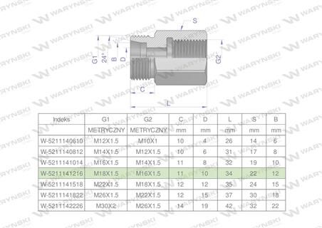 Tulejka różnicowa hydrauliczna metryczna AB M18x1.5 12L GZ x M16x1.5 GW Waryński ( sprzedawane po 2 )-60982