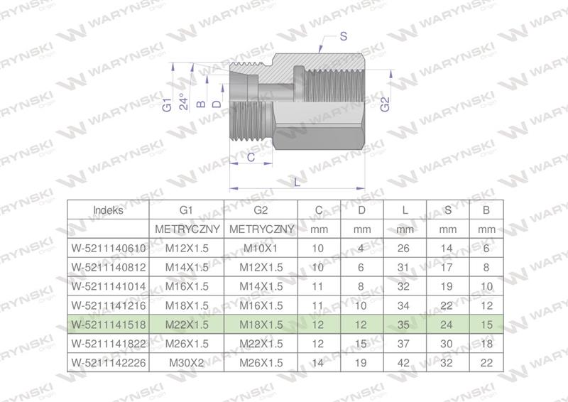 Tulejka różnicowa hydrauliczna metryczna AB M22x1.5 15L GZ x M18x1.5 GW Waryński ( sprzedawane po 2 )-60987