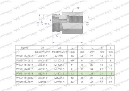 Tulejka różnicowa hydrauliczna metryczna AB M22x1.5 15L GZ x M18x1.5 GW Waryński ( sprzedawane po 2 )-60987