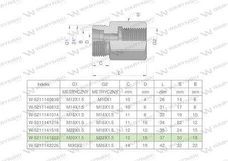 Tulejka różnicowa hydrauliczna metryczna AB M26x1.5 18L GZ x M22x1.5 GW Waryński-60992