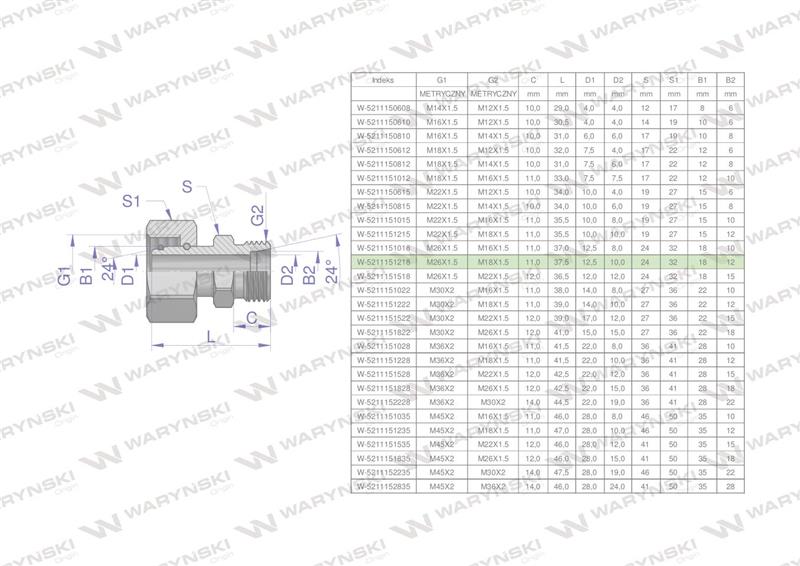Złączka hydrauliczna metryczna AB (XKOR) A-M26x1.5 18L / B-M18x1.5 12L Waryński-62298