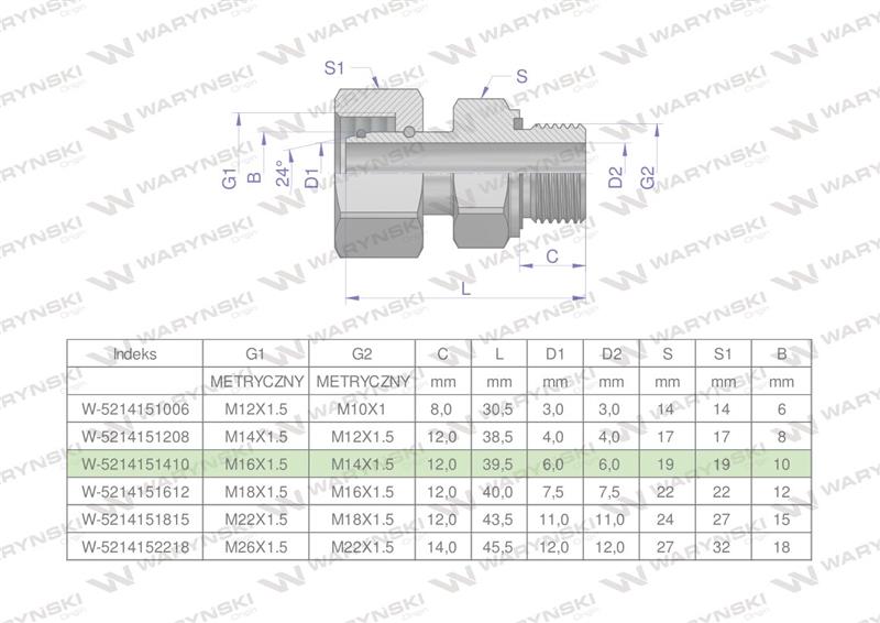 Przyłączka hydrauliczna metryczna AB (EVGE) M16x1.5 10L x M14x1.5 ED Waryński ( sprzedawane po 2 )-60503