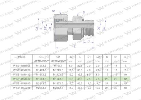 Przyłączka hydrauliczna metryczna AB (EVGE) M18x1.5 12L x M16x1.5 ED Waryński ( sprzedawane po 2 )-60509