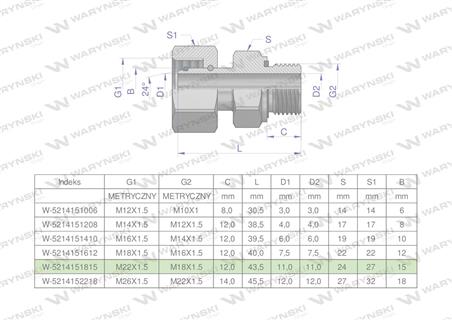 Przyłączka hydrauliczna metryczna AB (EVGE) M22x1.5 15L x M18x1.5 ED Waryński ( sprzedawane po 2 )-60515