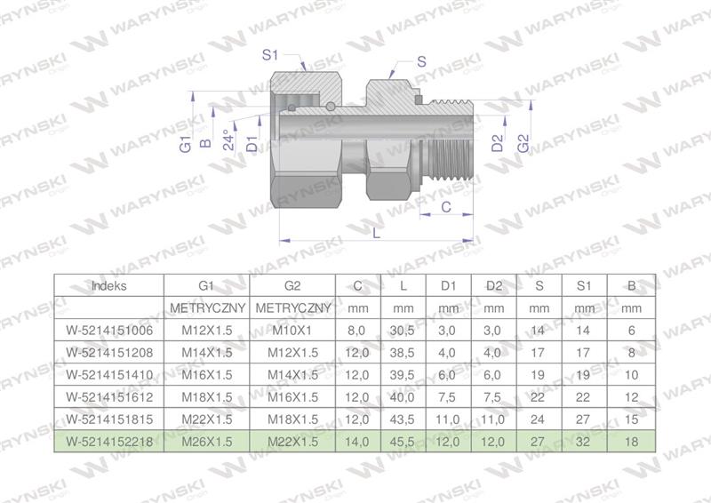 Przyłączka hydrauliczna metryczna AB (EVGE) M26x1.5 18L x M22x1.5 ED Waryński ( sprzedawane po 2 )-60521