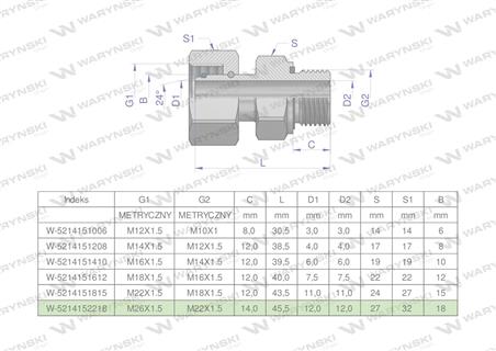 Przyłączka hydrauliczna metryczna AB (EVGE) M26x1.5 18L x M22x1.5 ED Waryński ( sprzedawane po 2 )-60521