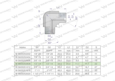 Kolanko hydrauliczne calowe BB 1/2" BSP (XW) Waryński ( sprzedawane po 5 )-62495