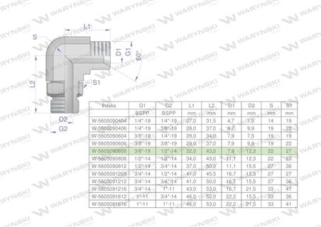 Kolanko hydrauliczne nastawne calowe BB 3/8" x 1/2" BSP z regulacją Waryński-60154