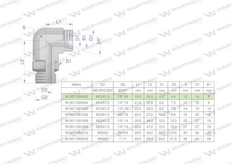 Kolanko hydrauliczne nastawne BB M12x1.5 06L x 1/8" BSP z regulacją Waryński-60202