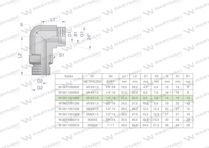 Kolanko hydrauliczne nastawne BB M16x1.5 10L x 1/4"BSP z regulacją Waryński ( sprzedawane po 2 )-60214
