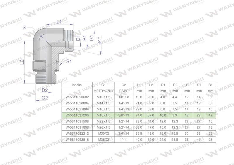 Kolanko hydrauliczne nastawne BB M18x1.5 12L x 3/8"BSP z regulacją Waryński ( sprzedawane po 2 )-60220