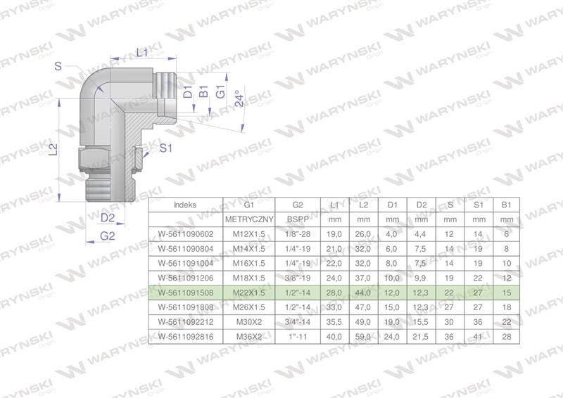 Kolanko hydrauliczne nastawne BB M22x1.5 15L x 1/2"BSP z regulacją Waryński ( sprzedawane po 2 )-60226