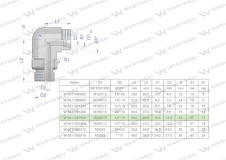 Kolanko hydrauliczne nastawne BB M22x1.5 15L x 1/2"BSP z regulacją Waryński ( sprzedawane po 2 )-60226
