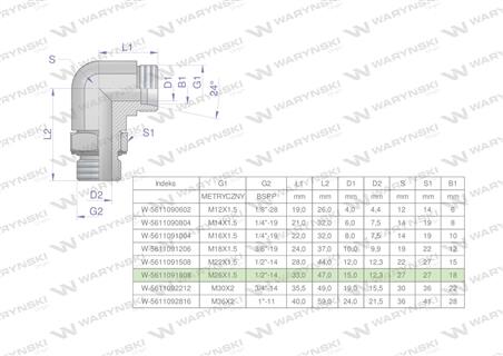 Kolanko hydrauliczne nastawne BB M26x1.5 18L x 1/2"BSP z regulacją Waryński-60232