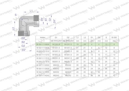 Kolanko hydrauliczne metryczne BB M12x1.5 06L (XW) Waryński ( sprzedawane po 5 )-62530