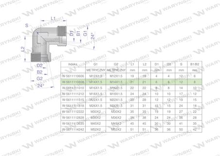 Kolanko hydrauliczne metryczne BB M14x1.5 08L (XW) Waryński ( sprzedawane po 5 )-62536
