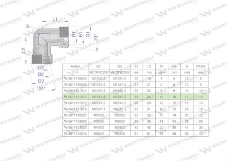Kolanko hydrauliczne metryczne BB M18x1.5 12L (XW) Waryński ( sprzedawane po 5 )-62524