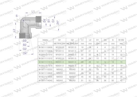 Kolanko hydrauliczne metryczne BB M22x1.5 15L (XW) Waryński ( sprzedawane po 5 )-62518