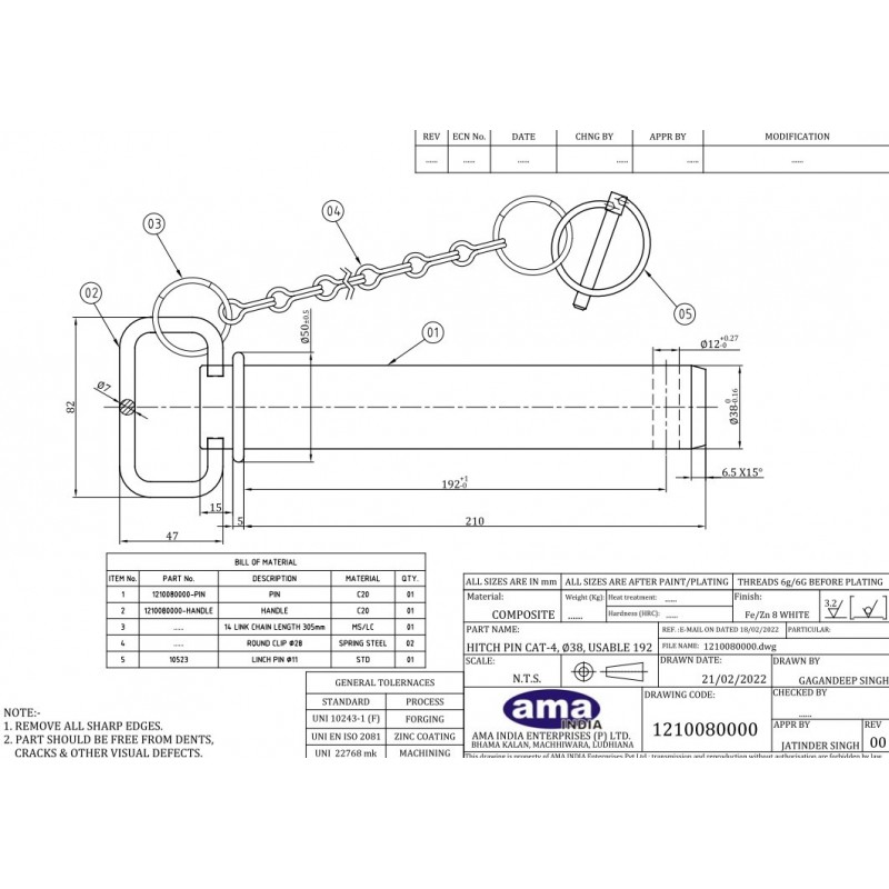 Sworzeń zaczepu z łańcuszkiem i zawleczką 38 x 192 mm-347618971
