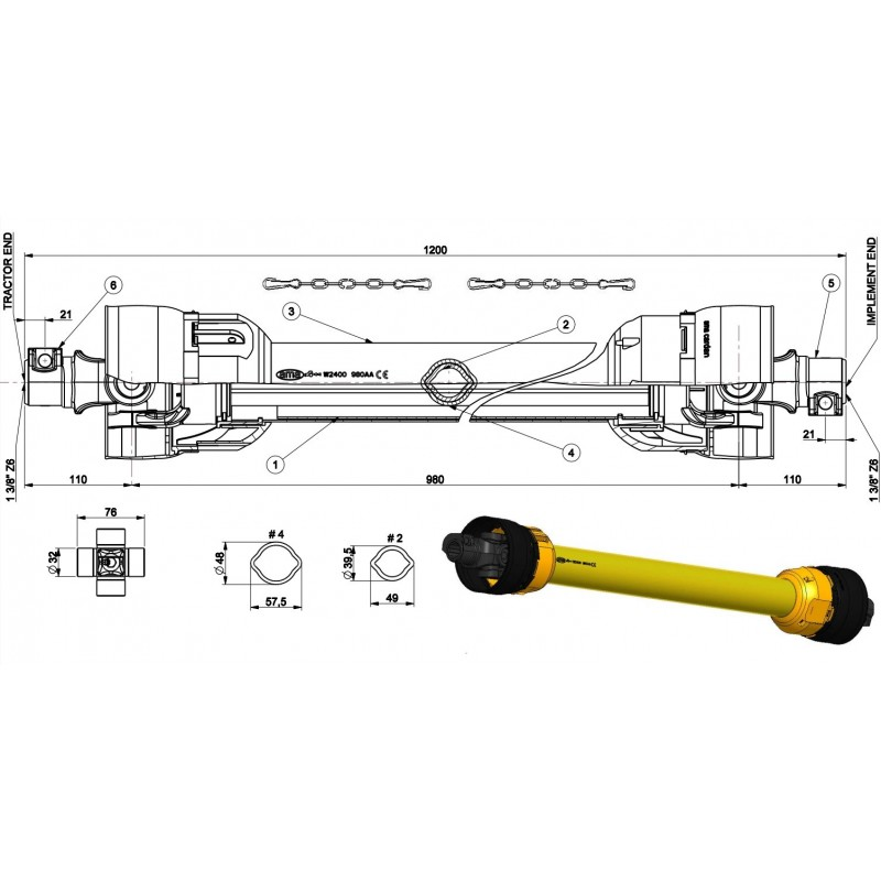 Wał W2400 na rurach cytryna L1200, 830Nm-347619064