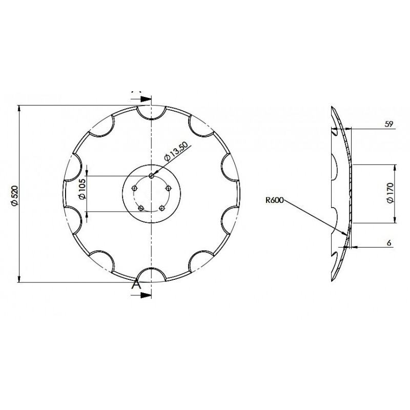 Talerz 520 pod piastę 5-otworową, grubość 6 mm-347615770